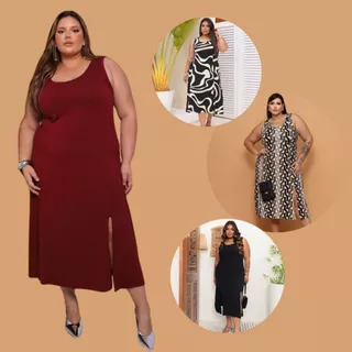 Vestido Midi Regata Plus Size Curve Curvy Com Fenda Tendência
