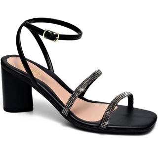 Sandália Feminina Lumiss Strass Brilho Cristal Confortável Salto Alto Grosso Triangular Tiras Fivela Fashion Blogueira