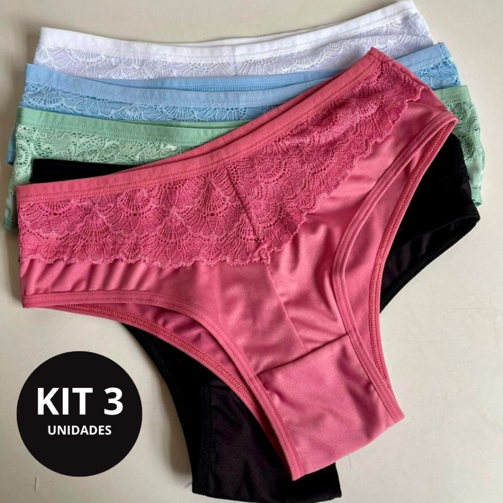 Kit 3 Calcinha Senhora Calçola Feminina Detalhe Renda Forro Algodão 4.8 ...