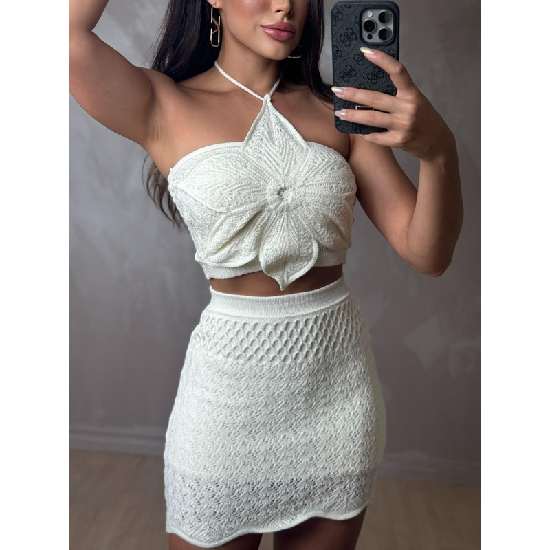 Conjunto Tricot Cropped com Flor e Saia Verão Praia Tendencia | Shopee ...