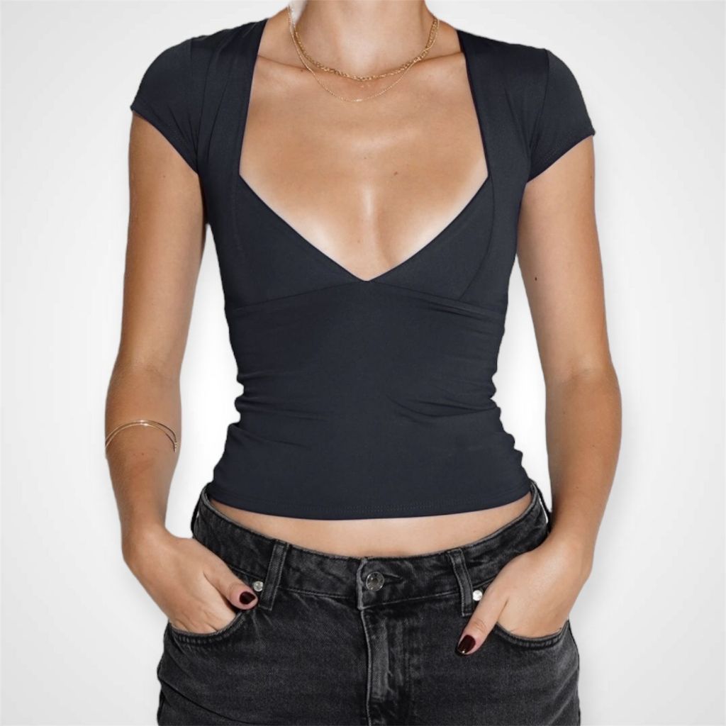 Blusa Manga Curta Decote V Poliamida Moda Verão Aesthetic Coquette