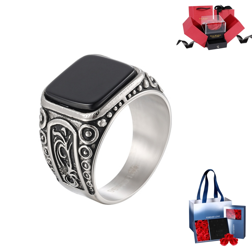 Anel Masculino Aço Inoxidável Quadrado Aro Trabalhado Luxo Anel Sinete Caixa de Presente Para Namorado