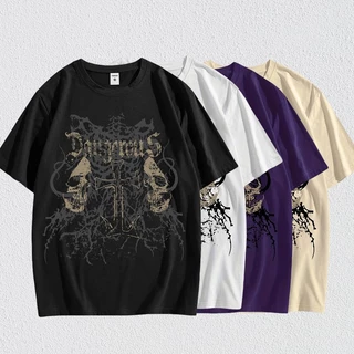 Camiseta masculina de algodão com estampa de caveira gótica com gola redonda e manga curta