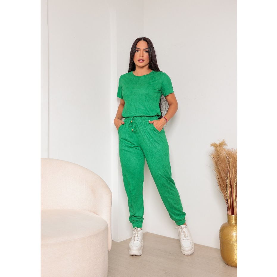 Conjunto Suede Feminino Calça Jogger com bolsos, Blusa Manga Curta