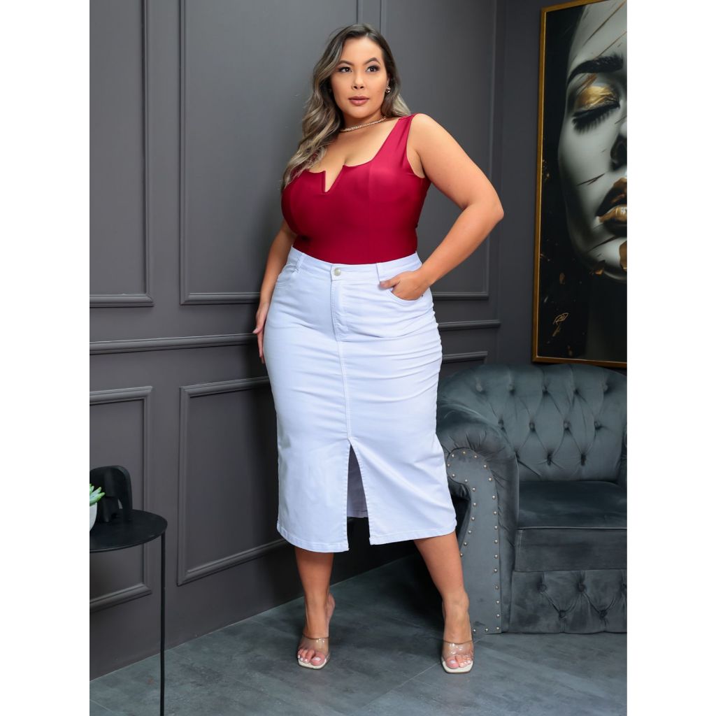 Saia branca jeans plus size feminina com lycra tamanhos grande