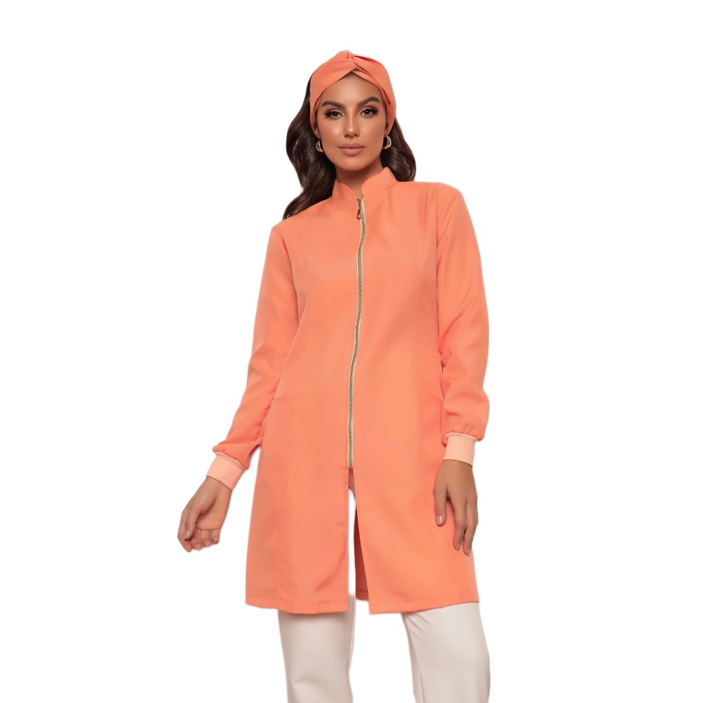Jaleco Feminino Luxo Zíper Acinturado Gola Padre Nice+ Turbante Coral ...