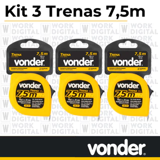Kit 3 Trenas de aço 7,5 m x 25 mm VONDER com fita de 25mm, C/ trava e clip para cinto