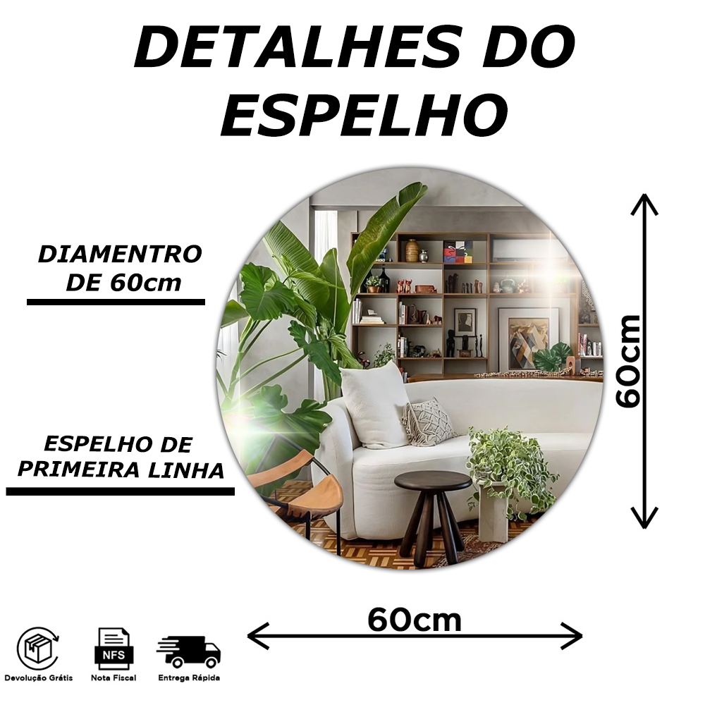 ESPELHO REDONDO 60 CM DECORAÇÃO LAPIDADO + KIT INSTALAÇÃO ESPELHO DE PENTEADEIRA