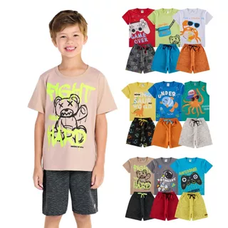 Kit Sortido 10 Peças de Roupas Infantil Menino Verão (5 Camisetas + 5 Bermudas) Kit 3 Conjunto Infantil Bebê Menino