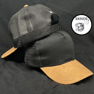 Boné Masculino Trucker Camurça Liso Preto e Caramelo