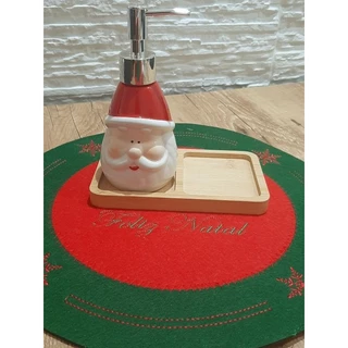 Dispenser Porta Sabonete Líquido de Natal Papai Noel Cerâmica com Bandeja para Lavabo Banheiro em Bambu