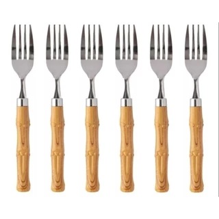 Kit Com 6 Garfos De Mesa Em Aço Inox Cabo Bambu Imitando Madeira Plástico