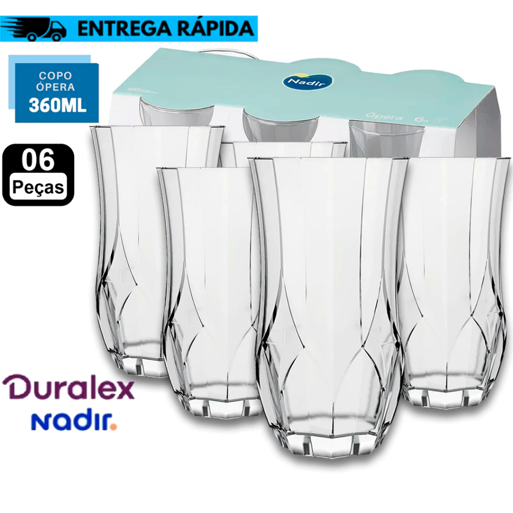 Kit Jogo Conjunto 6 Copos Longos de Vidro Nadir Opera