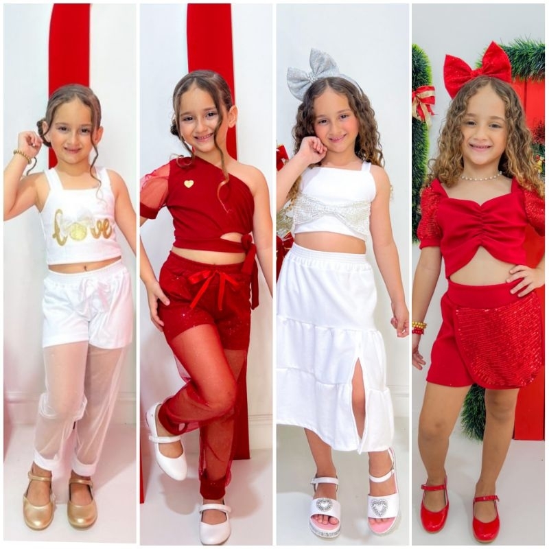 Conjunto Infantil Menina Natal Fim De Ano Vermelho Branco Festa