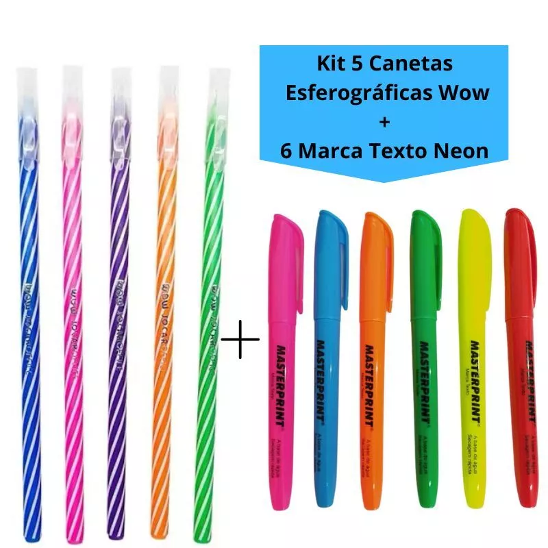 Kit 5 Canetas Esferográficas 0.7 Jocar + 6 Canetas Marca Texto Neon ou Pastel Masterprint