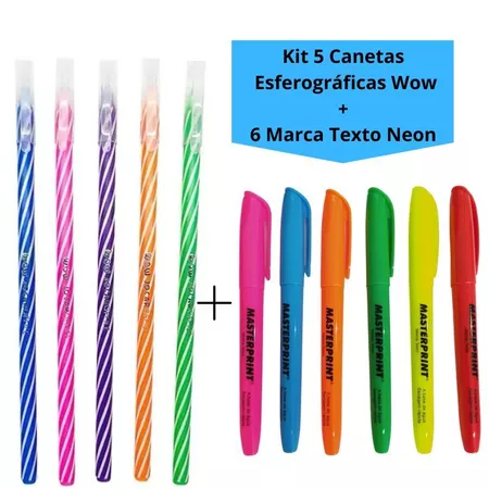 Kit 5 canetas esferográficas 0.7 jocar + 6 canetas marca texto neon ou pastel Masterprint