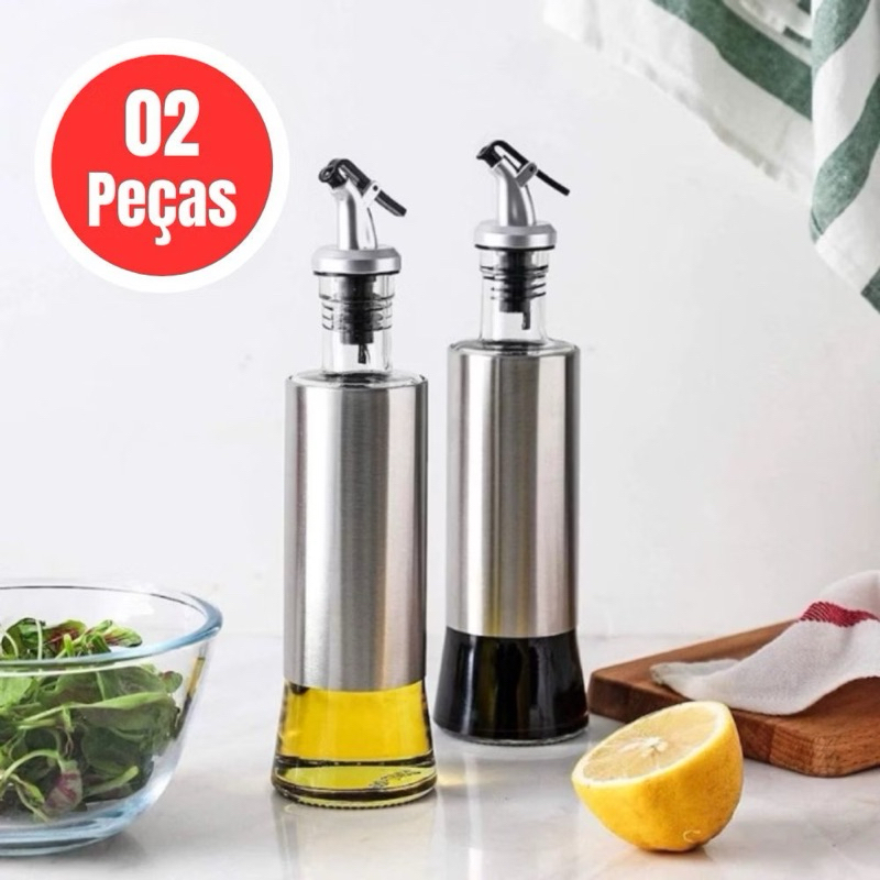 Kit Galheteiro 2 Peças de Vidro Premium e Aço Inox Porta Azeite Vinagre