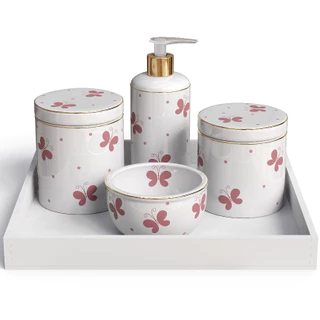 Kit Higiene 5 Pecas Bebe Porcelana Borboletas Filete De Ouro Com Bandeja Em MDF em Oferta na Shopee