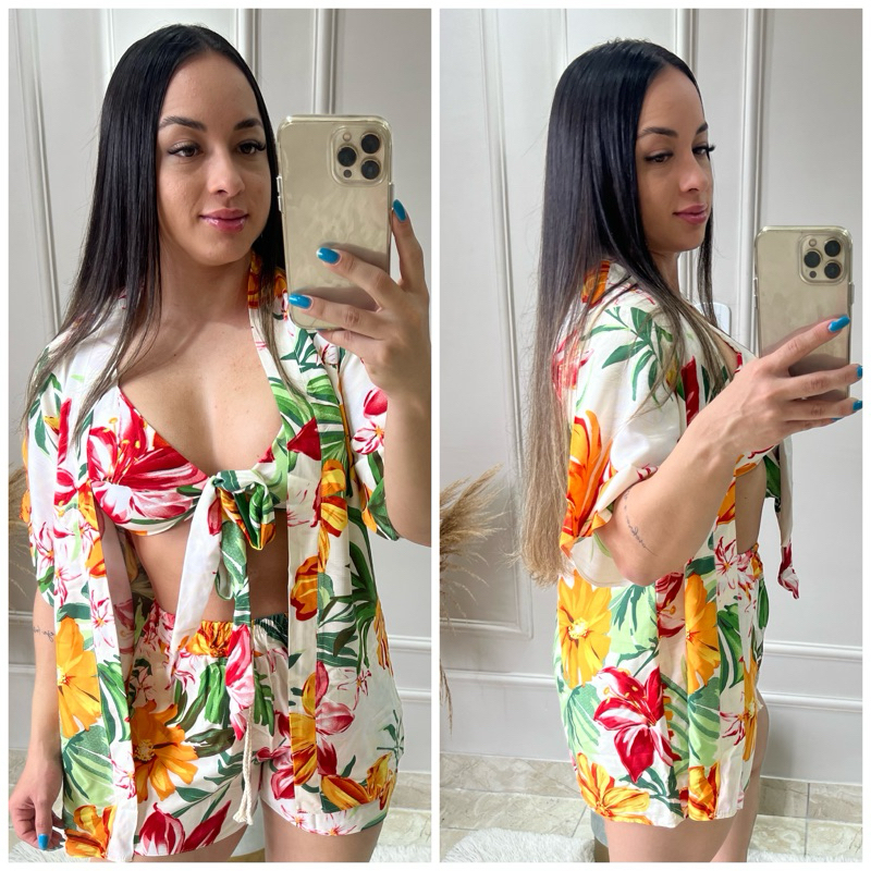 Conjunto Kimono Moda Feminina Blusa Short Top Trio Casual Praia Verao Estilo Elegancia