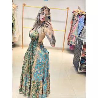 Vestido elegante COSTA NUA feminino frente unico longo de Seda Indiano estampado