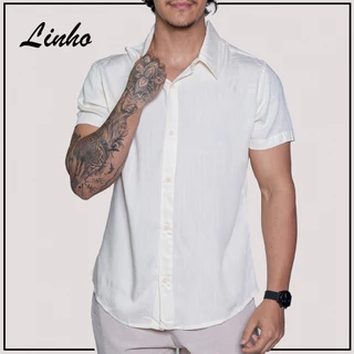 Camisa de Linho Manga curta Social Verão Fresca Gola Italiana Elegante em Visco-Linho