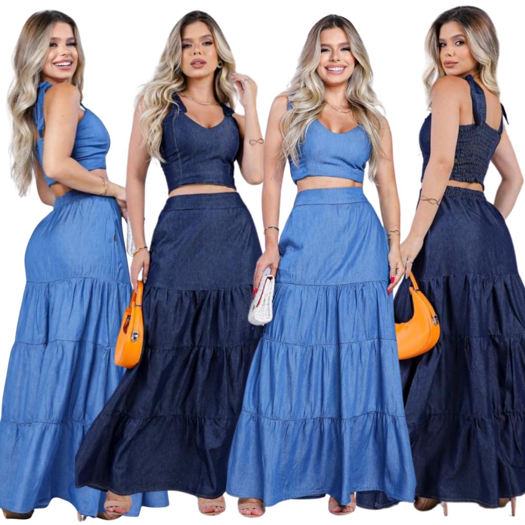 Conjunto Jeans Feminino Top Cropped e Saia Longa 3 Marias Verão ...