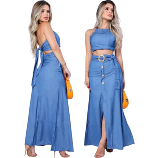 Conjunto Fivela Jeans Cropped e Saia Longa Feminino