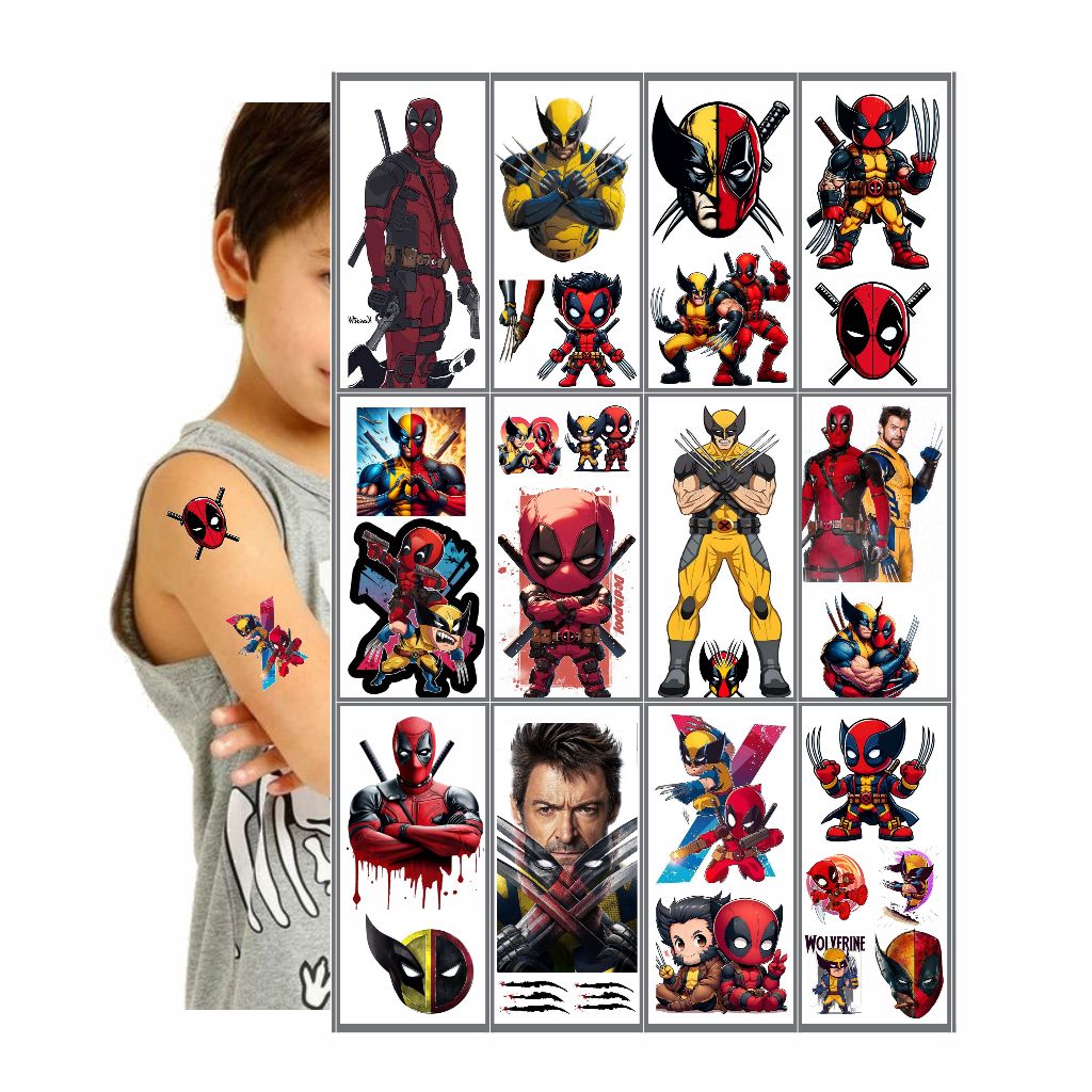 Kit 12 Cartelas 28 Tatuagens Temporárias DeadPool e Wolverine Tattoo ...