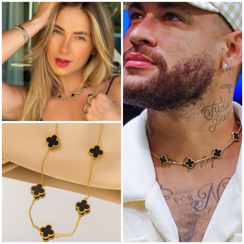 COLAR UNISEX TREVO VAN C PEDRA MÁRMORE PRETO BANHADO A OURO PREMIUM MELHOR QUALIDADE! USADO POR NEYMAR JUNIOR E ARTISTAS