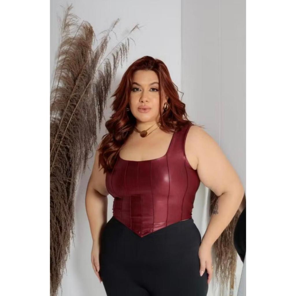 Cropped Regata Corselet Corset Feminino Plus Size Couro Alça