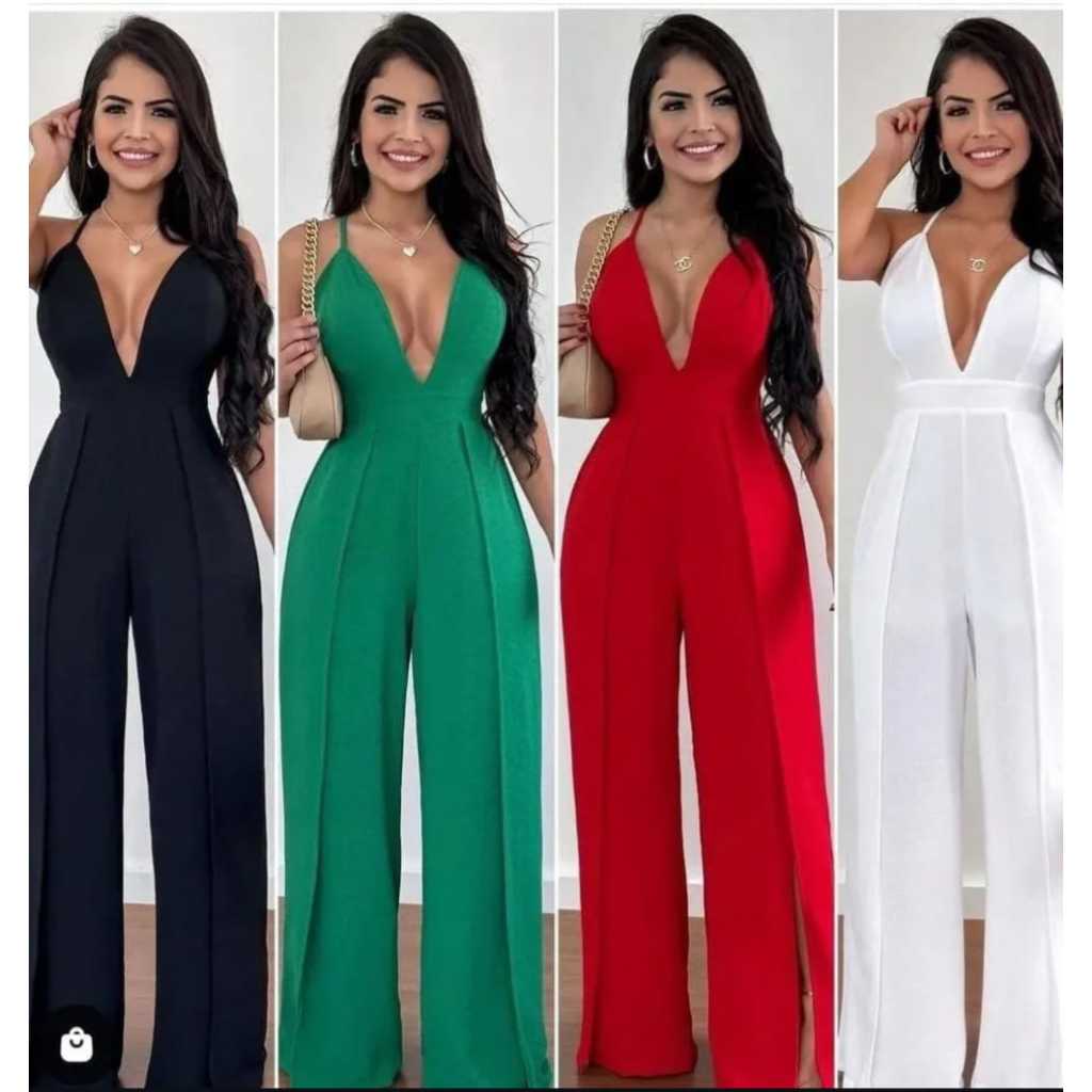 Macacão feminino longo Elegante tecido duna decote em V | Fendas Latera ...