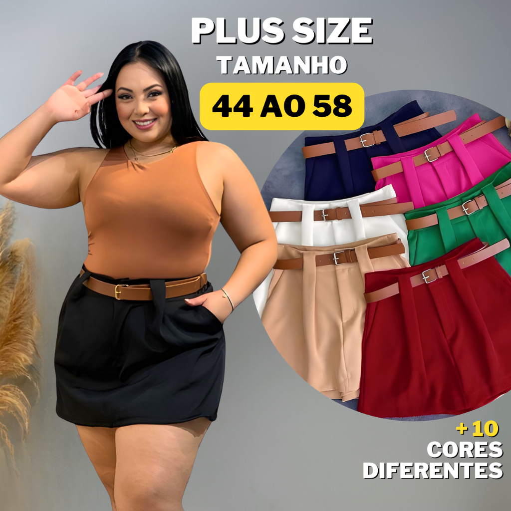 Short Saia Alfaiataria Plus Size Com Cinto Tamanho 36 Ao 58 | Shopee Brasil
