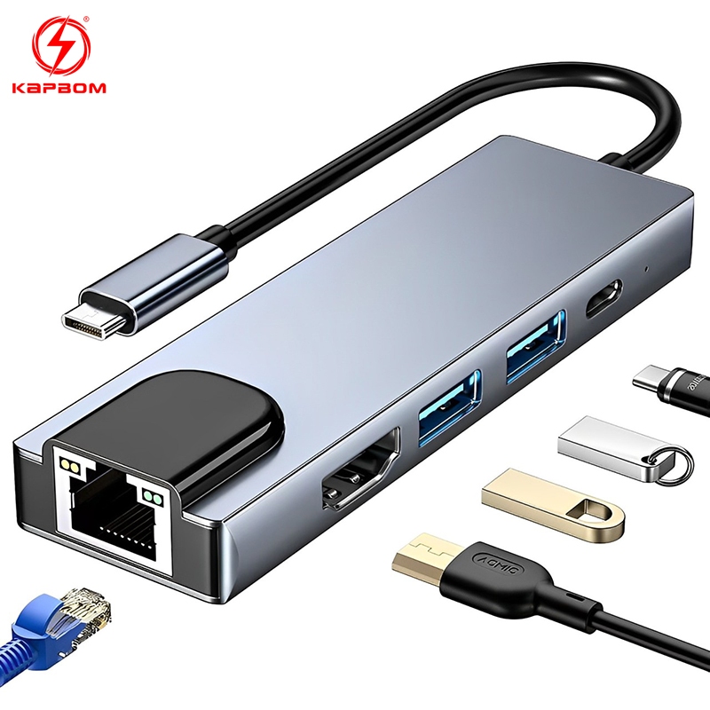 Adaptador Hub Tipo-c 5 In 1 Hdmi, 2x Usb, Lan E Type-c,compatível com computadores