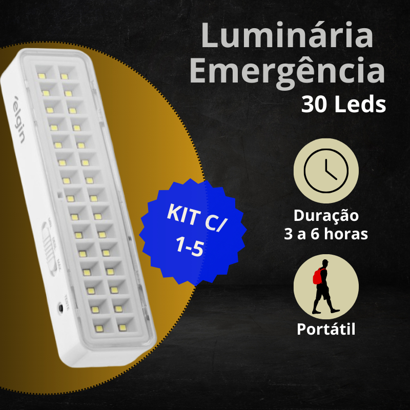 Kit 5 Luminária Elgin Emergência Lâmpada 30 Leds Recarregável Bivolt Luz Branca Branco Frio 6,500K