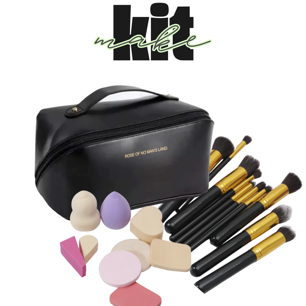 Kit Maquiagem Viagem 10 Peças - Necessaire, Esponjas, Pincel Kabuki