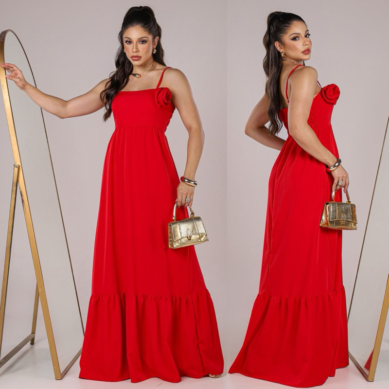 Vestido Longo Vermelho para o natal com Detalhe de Flor - Elegância e ...