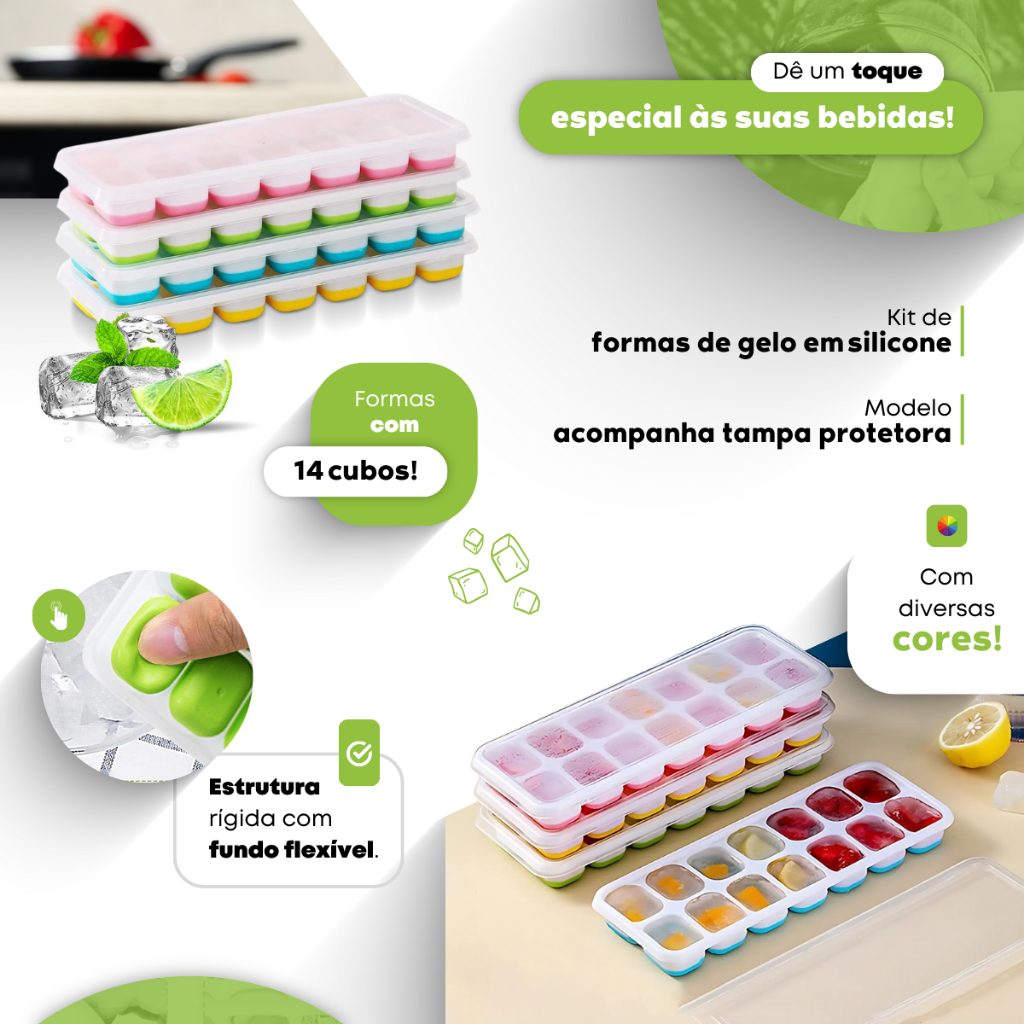 Kit 2 Formas de Gelo Silicone com Tampa Rígida Flexível Fundo 14 Cubos
