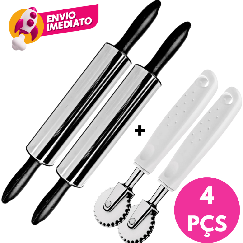 Kit 02 Rolo Abrir Massa E 02 Carretilha Abre E Fecha Pastel 