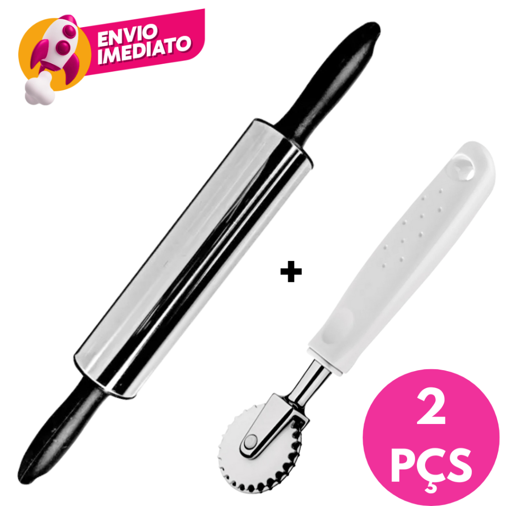 KIT 02 ITENS: ROLO PARA ABRIR MASSA INOX + CARRETILHA CORTAD