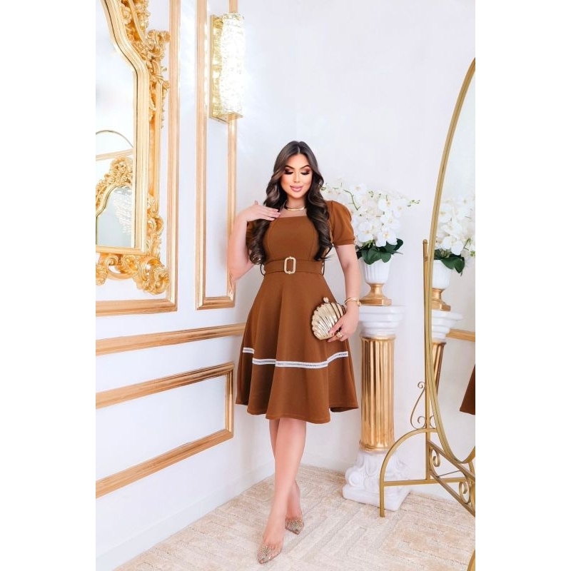 vestido midi saia godê barrada em gripir vestidos evangélicos | Shopee ...