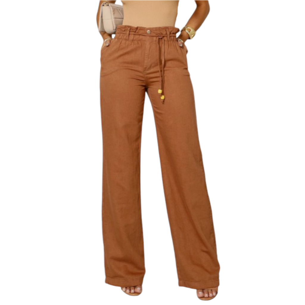 Calça Marrom 36 ao 46 Perna Larga Cintura Com Elástico Feminina