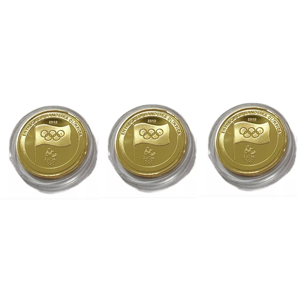 Kit 3 Medalhas Moeda Bandeira Olimpiadas Rio 2016 Ouro