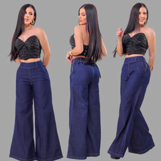 Calça Flare Feminina Widi Leg Jeans Escuro | Modelagem Confortável com Zíper Lateral e Cós Ajustável