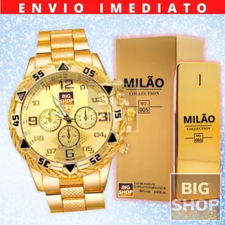 Relógio Masculino Prata Analogico Gold + PERFUME IMPORTADO Kit Presente Homens