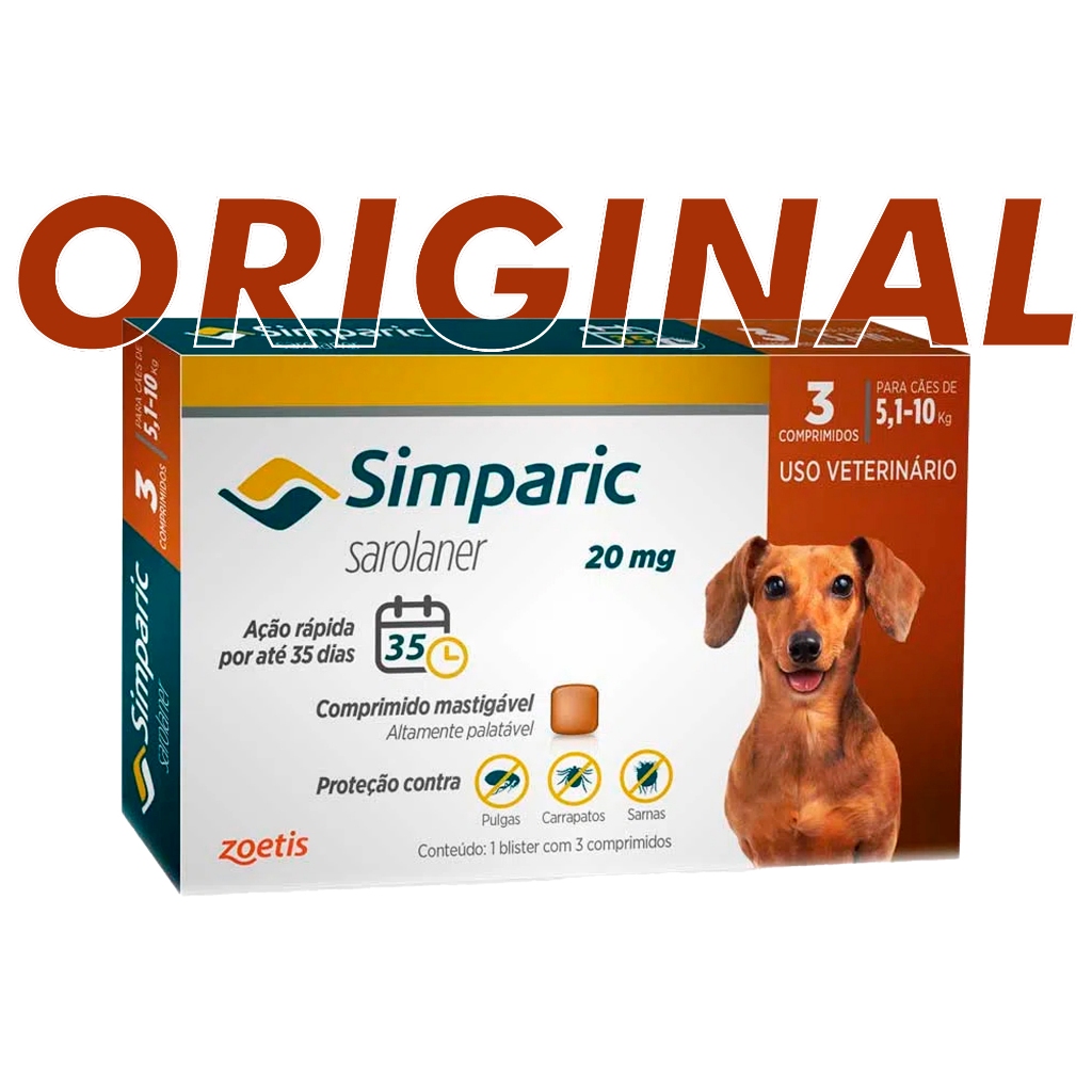 Antipulgas Zoetis Simparic 20mg Cães de 5,1kg a 10Kg 3 comprimidos ...