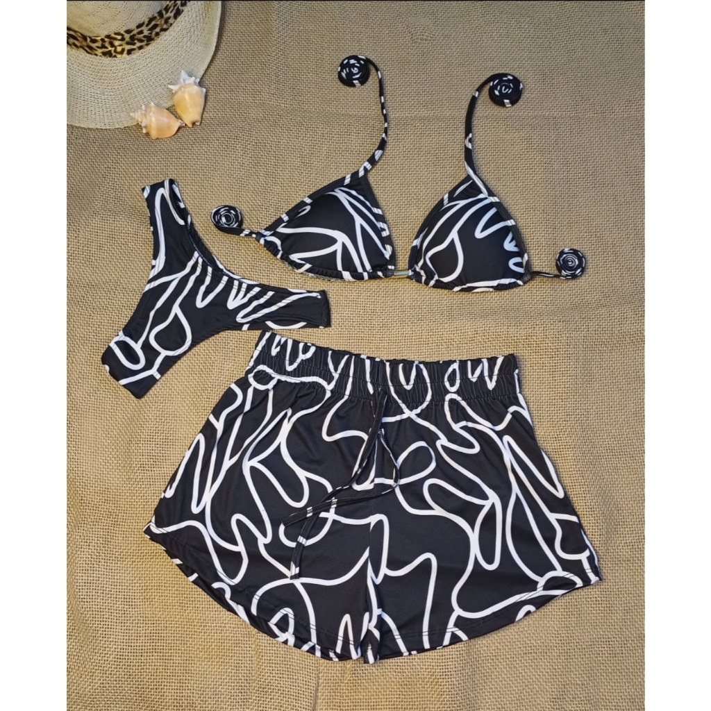 Biquíni com 3 peças. calcinha forrada, top com bojo e short saída de praia. Triquíni de qualidade.