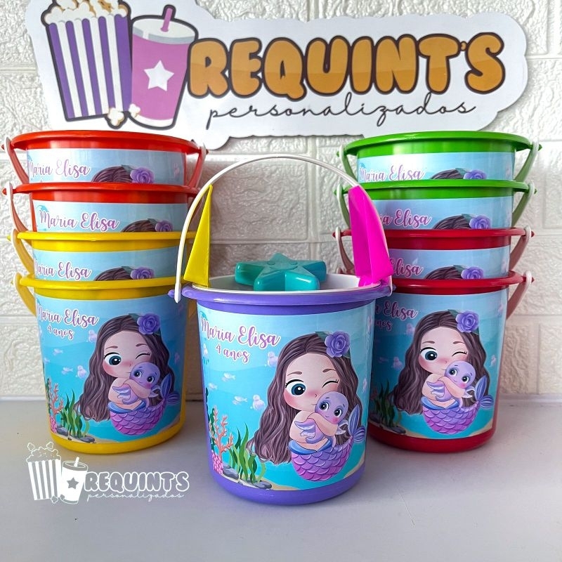 Balde de Praia Areia 1 Litro Tema Sereia Cut Personalizados 10 unidades ...