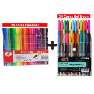 Conjunto de 24 cores inclui Canetas Brush pen , Canetas Fineliner , Canetas Gel Glitter Pastel Neon Metal