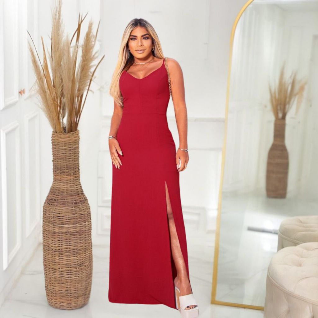 Vestido Vermelho Longo Liso Fenda Costas Cruzadas Ano Novo Natal Alças ...
