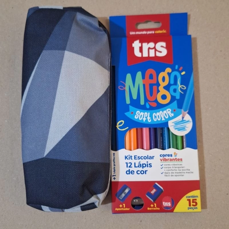 Kit Tris 12 lápis de cor + lápis + apontador + borracha Estojo Dac abstrato